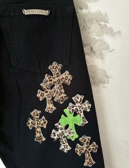 CHROME HEARTS LIME LEOPARD CROSS PATCH BLACK SLIM-FIT JEANS