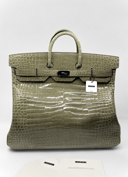 Hermes Birkin HAC 50 Gris tourterelle Shiny Porosus Crocodile leather palladium hardware