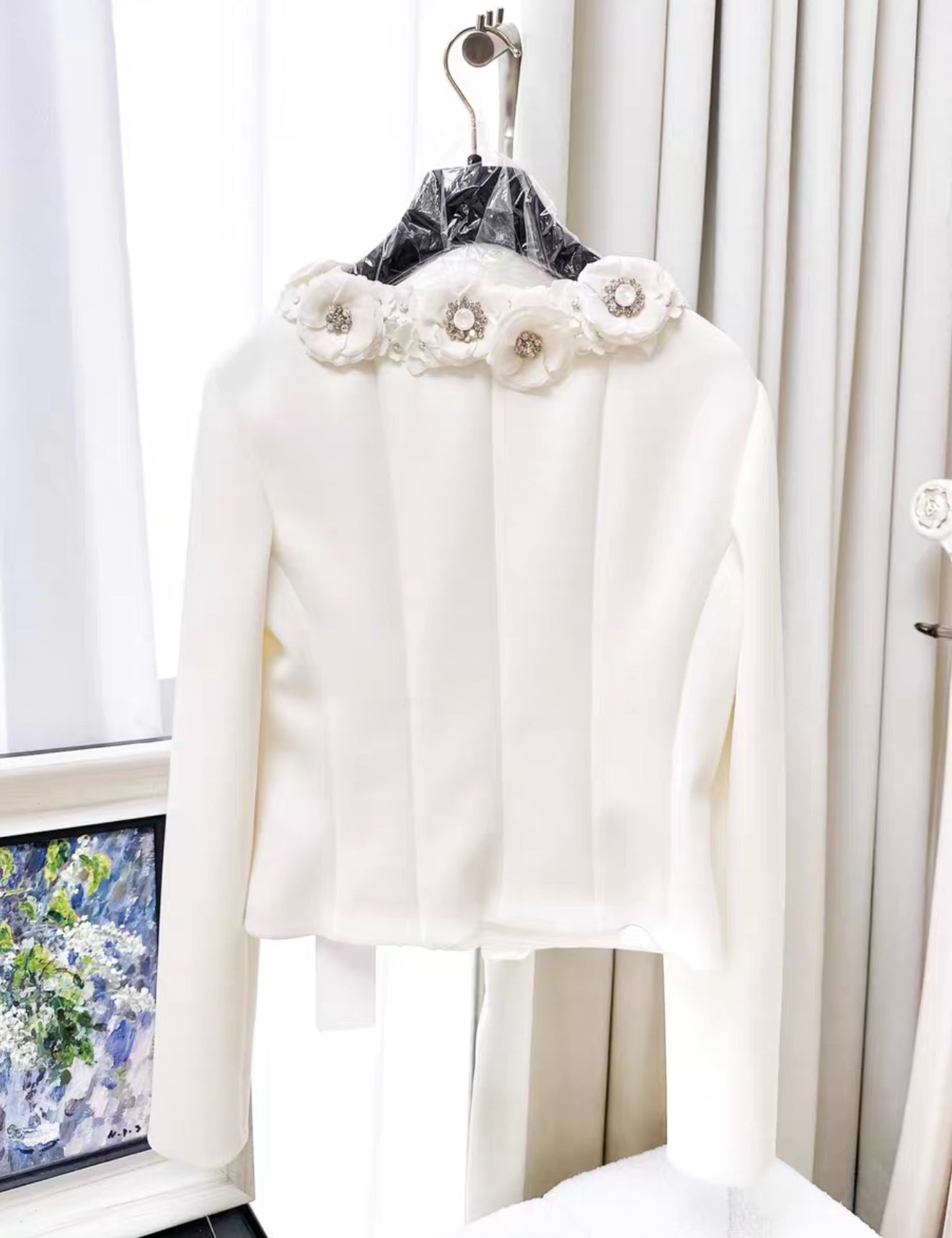 CHANEL 花柄ジャケット Chanel 10P VINTAGE CROCHET ECRU JACKET BLUE RED CAMELLIA FLOWERS