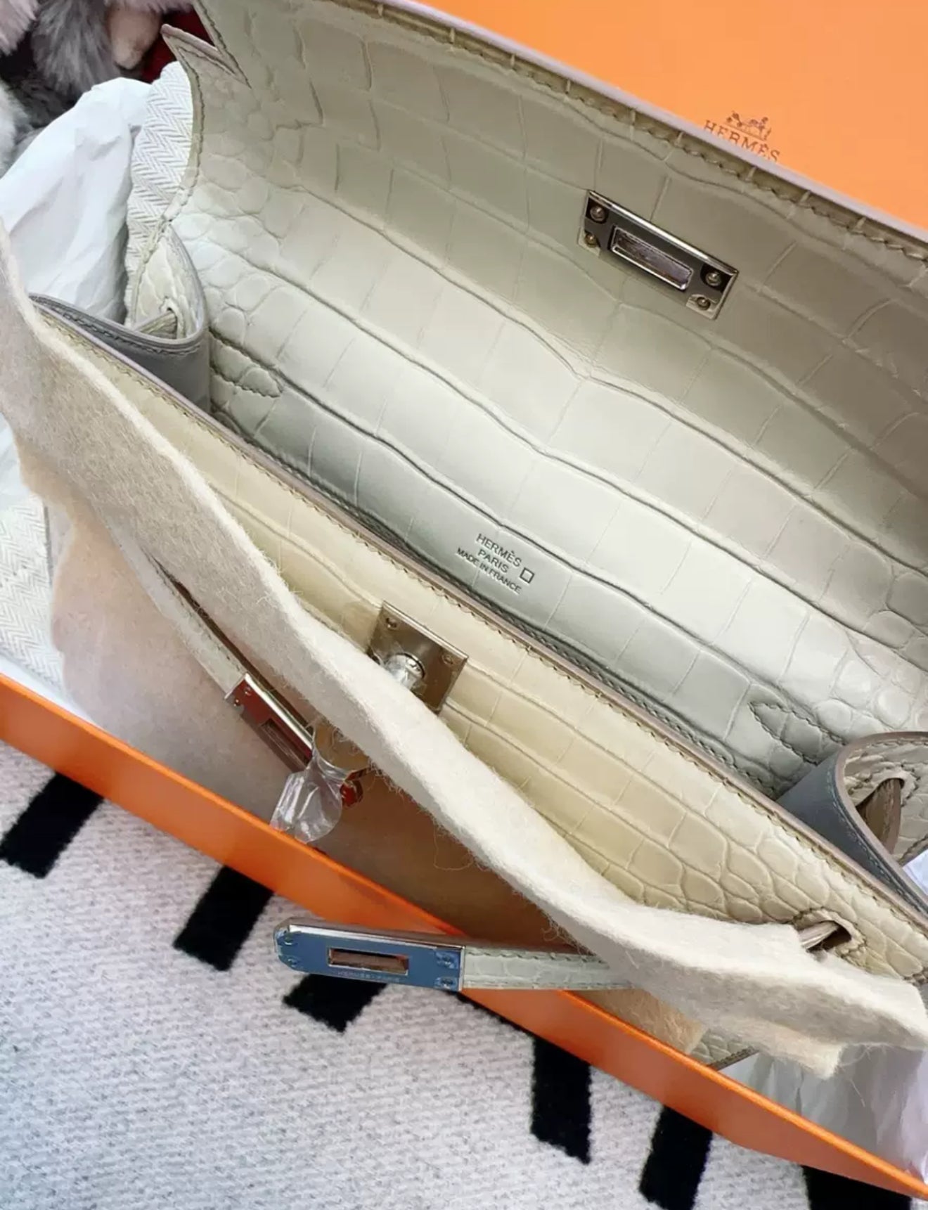 Hermes Kelly Pochette White Matte Crocodile Leather Palladium