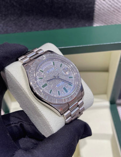 Rolex Day-Date 218399T 18k White gold 
pave diamond with green enamel