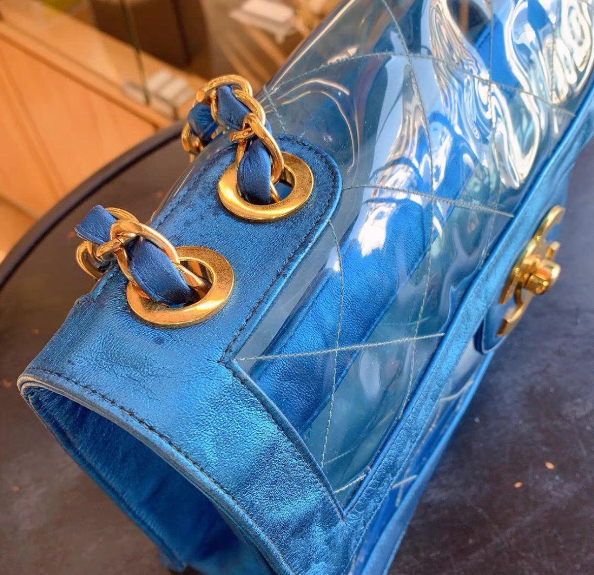 CHANEL 95P VINTAGE "BARBIE" MAXI FLAP METALLIC BLUE BAG 24K GHW CLASSIC PCI