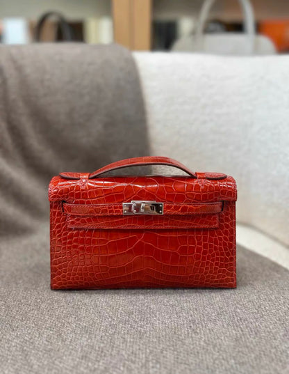 Hermès Kelly Pochette Braise Red Shiny Alligator Palladium Hardware