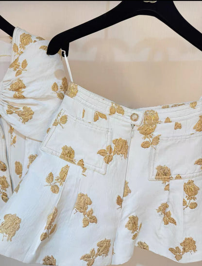 Chanel 2013 white and gold embroidered jacket and shorts set