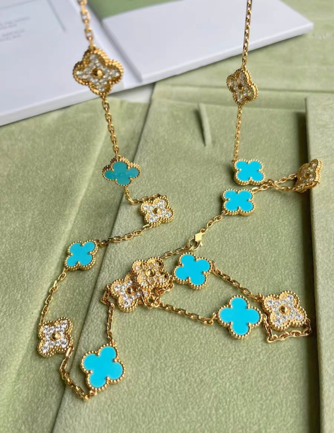 Van Cleef & Arpels Vintage Alhambra Diamond and Turquoise 20 Motif Necklace