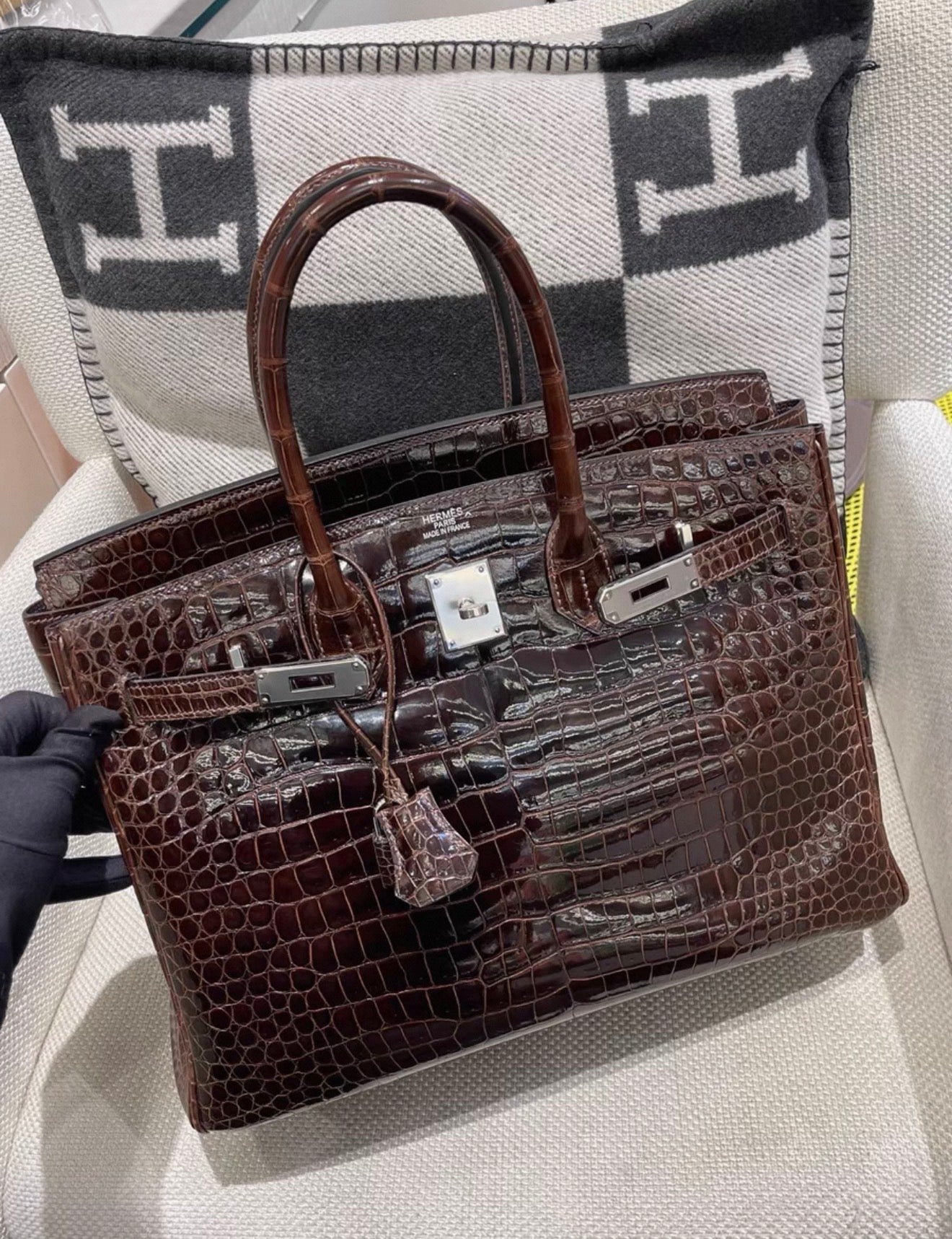 Hermes Birkin 35 brown shiny crocodile leather palladium hardware