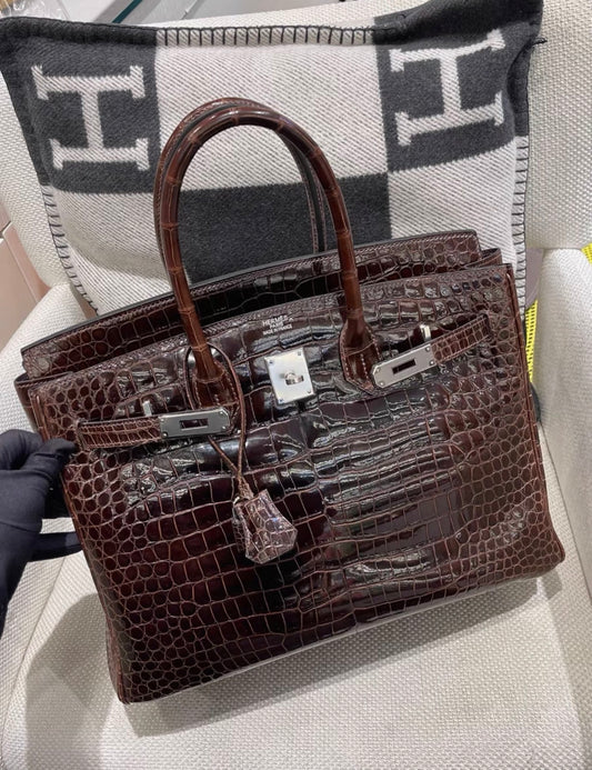 Hermes Birkin 35 brown shiny crocodile leather palladium hardware