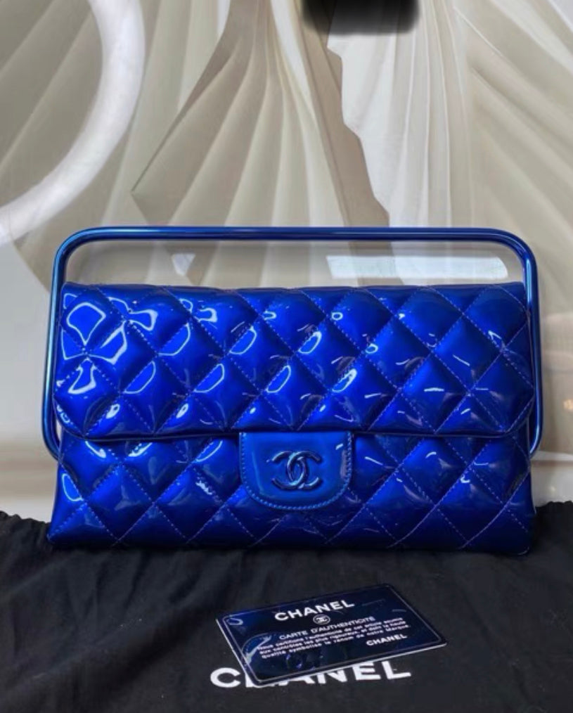 Chanel Classic Flap Patent Blue Frame Clutch