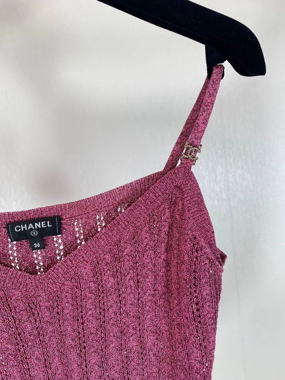 Chanel pink knitted rhinestone-buckled camisole