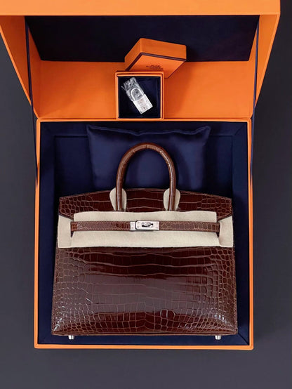 Hermes Birkin 20 Brown Shiny Crocodile Porosus Diamond Hardware