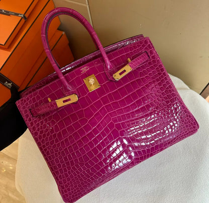 HERMÈS Birkin 30 Rose Scheherazade Shiny Porosus Crocodile Gold hardware