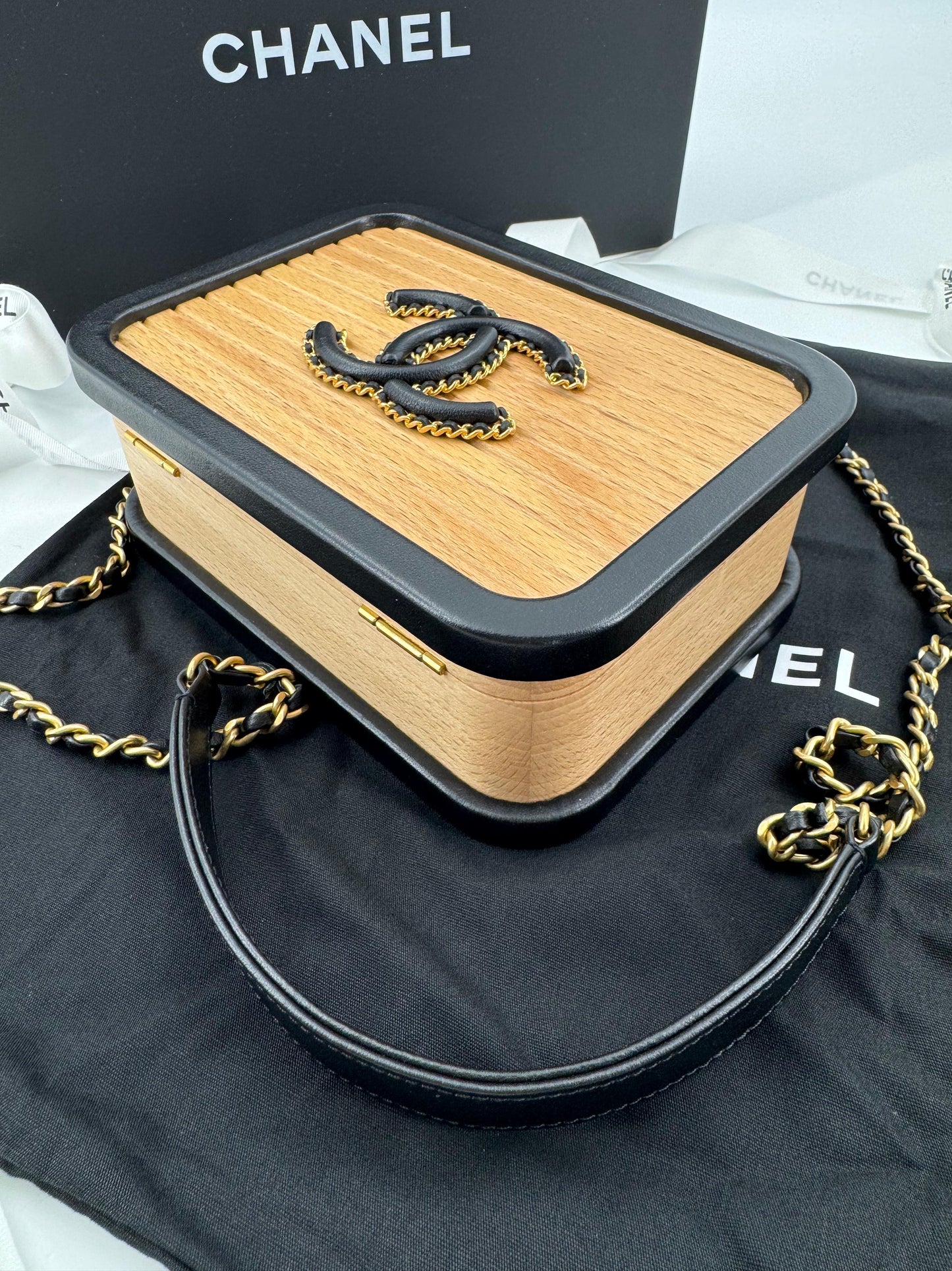 Chanel 2022 Beech Wood and Black Lambskin CC Vanity Case Brushed Gold Hardware