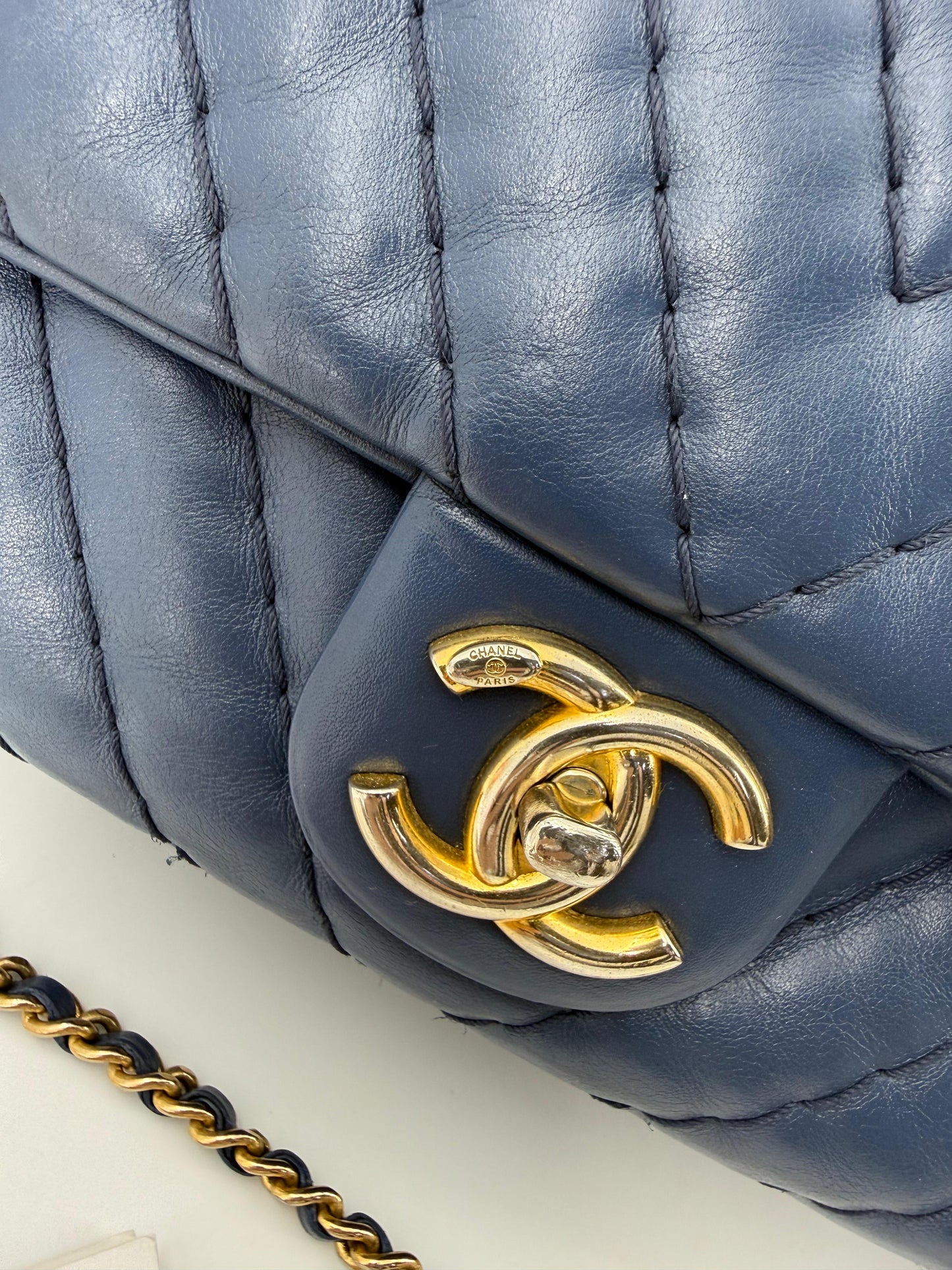 Chanel blue leather flap bag gold hardware