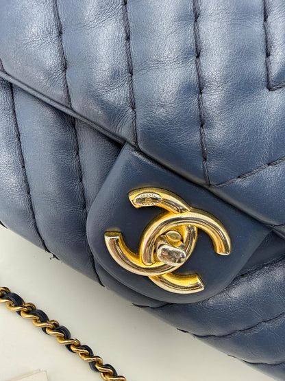 Chanel blue leather flap bag gold hardware