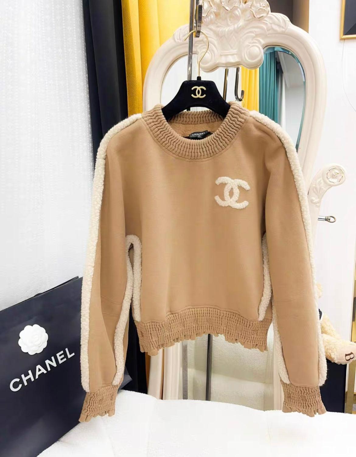 Chanel 24/25 Fall Winter Shearling Lambskin, Brown & Beige Pullover size 38