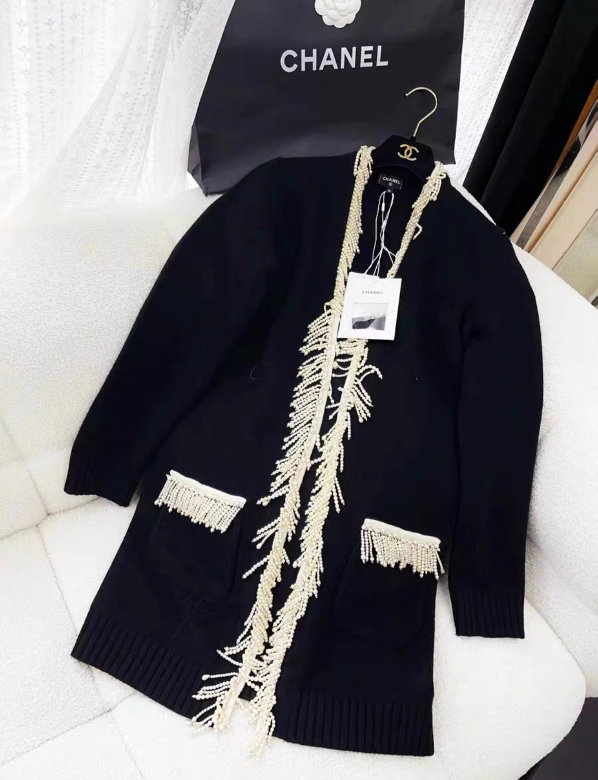 Chanel 21k Black & Ecru Cardigan with Pearl fringe size 36