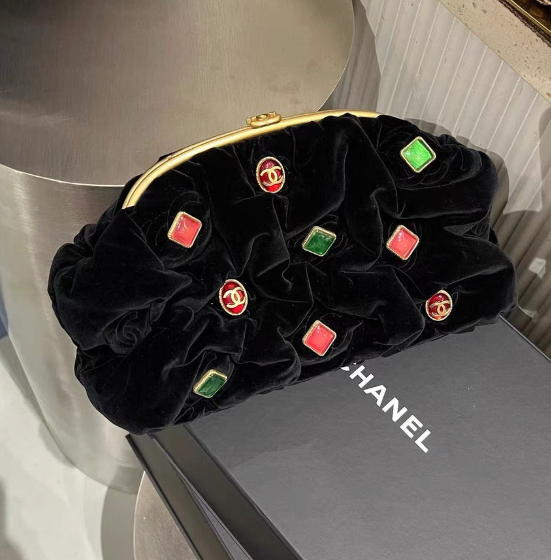 Chanel 2022 Black Velvet, Green and Red Gripoix Embellished CC Pouch Bag Gold Hardware