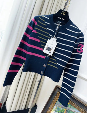 Chanel 20C Station Navy Blue Patched Striped Knitted Cardigan Jacket