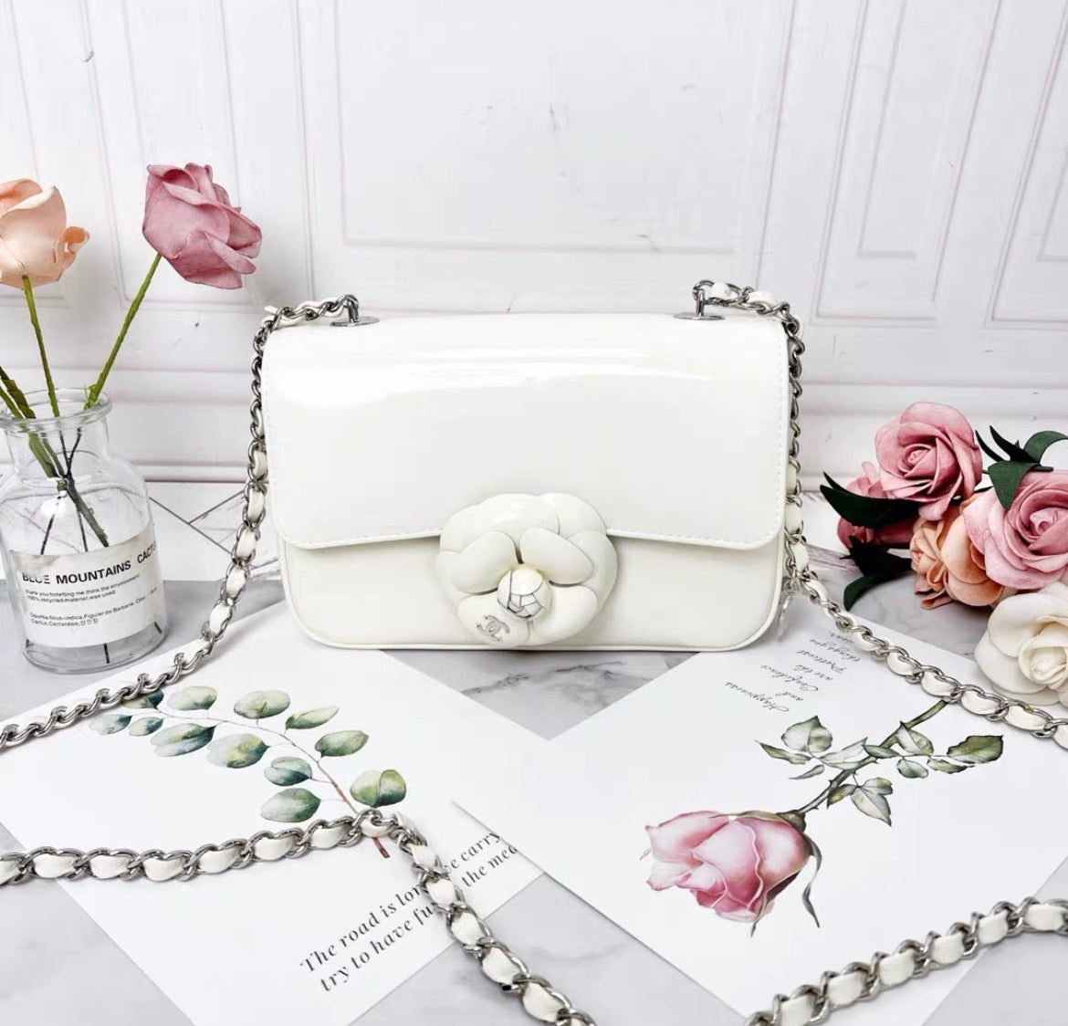 chanel 23k white patent leather camellia large mini shoulder bag