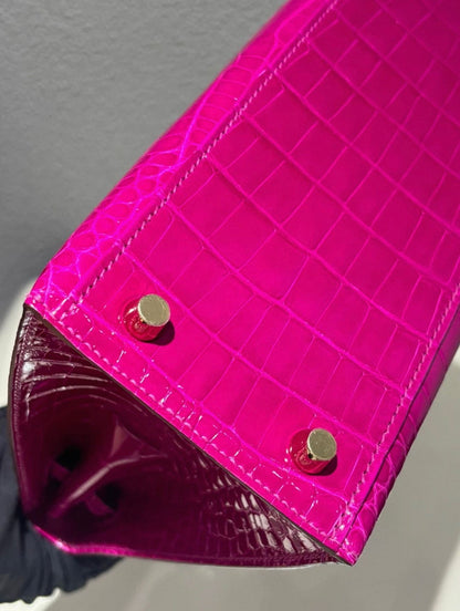 Hermes Kelly 25 Fuchsia 5J shiny crocodile leather gold hardware