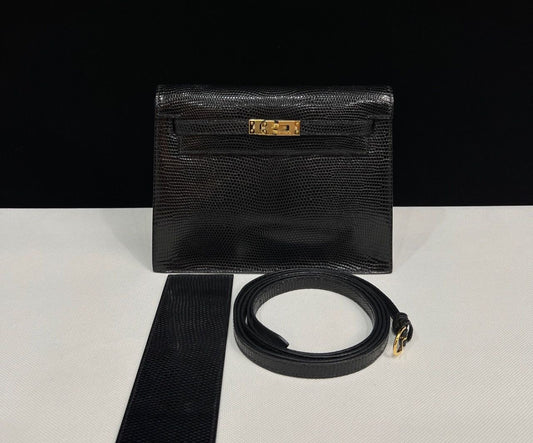 Hermès Kelly dans black shiny lizard leather gold hardware