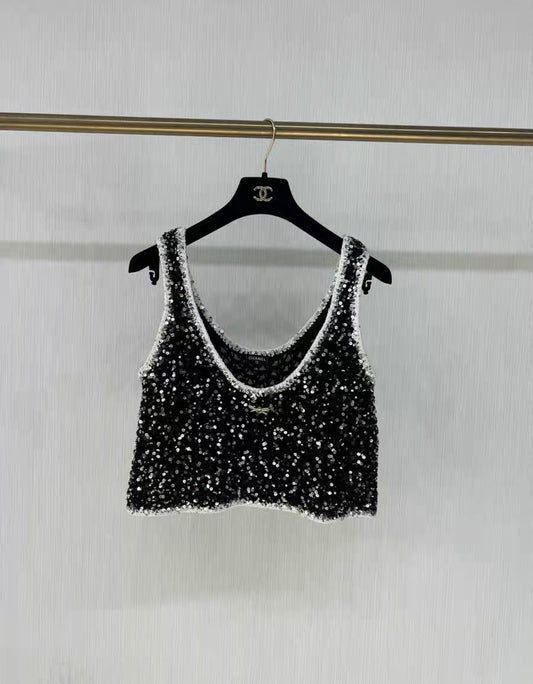 Chanel 23s black sequined bow top size 38