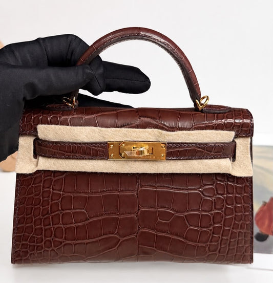Hermes mini Kelly 20 Havana matte alligator gold hardware