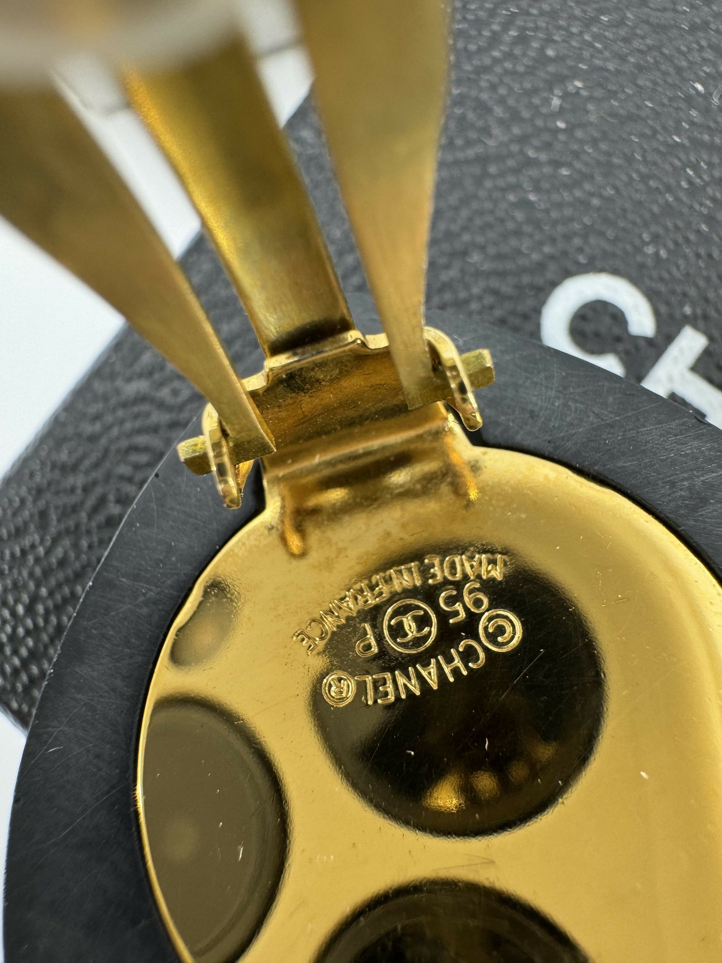 Chanel Vintage 95P Rhinestone & Gold Plated Heart-shaped Black and Red Clip-on Earrings