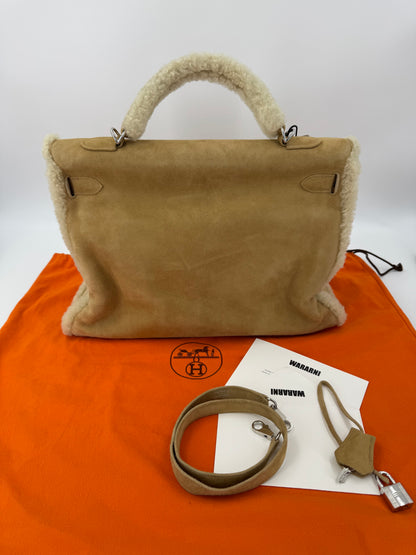 Hermes Kelly 40 Veau Doblis Suede Shearling Teddy Palladium Hardware