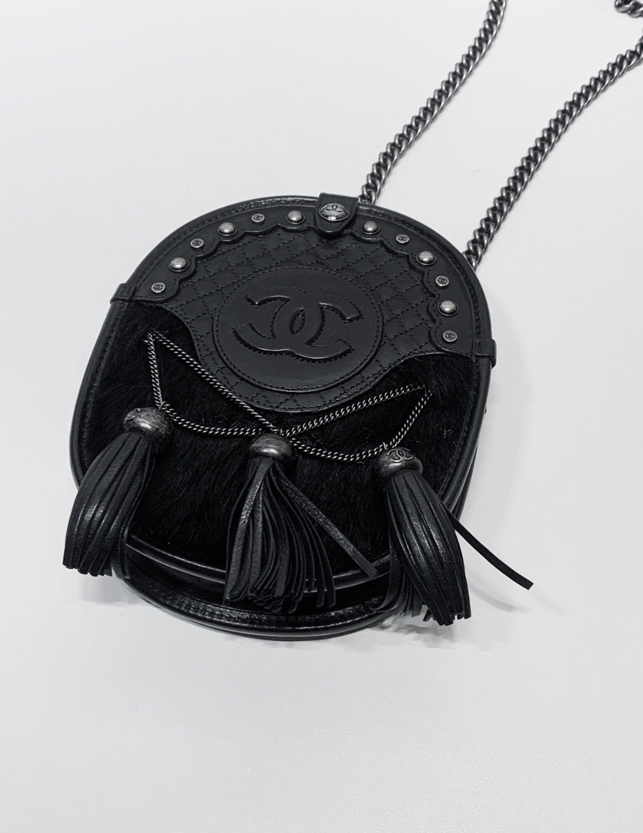 Chanel 13A Black and Silver Tassel Edinburgh Saddle Chain Bag