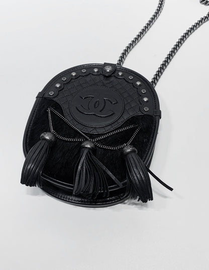 Chanel 13A Black and Silver Tassel Edinburgh Saddle Chain Bag