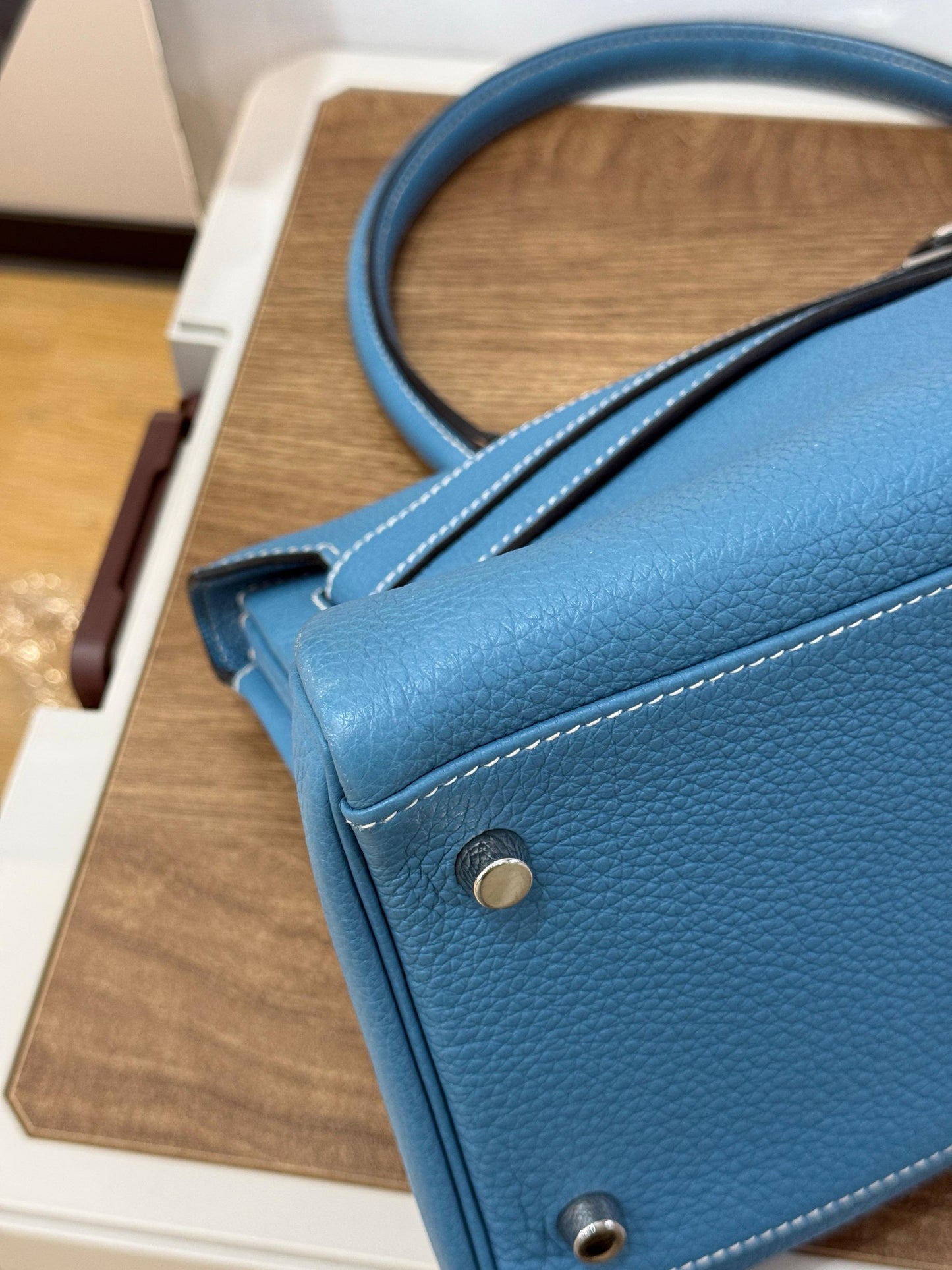 Hermes shoulder Kelly blue denim Togo leather palladium hardware