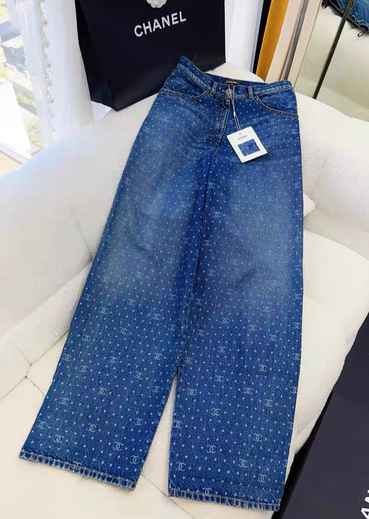 Chanel 23p popular blue polka-dot denim wide-leg pants in size 36