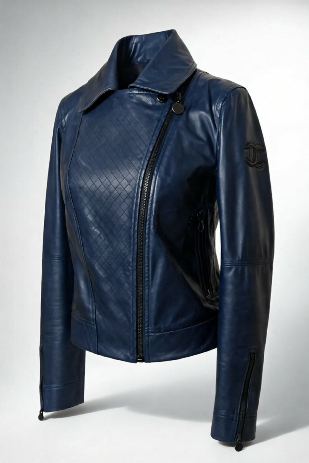Chanel 12P Dark Blue Petrol Quilted Leather Biker Jacket FR 36