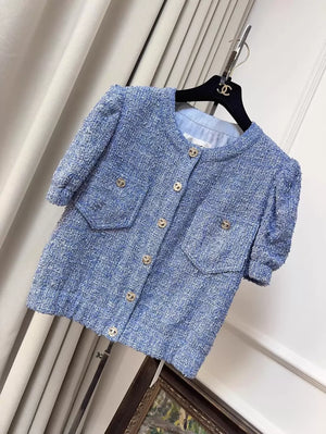Chanel 24P Blue Tweed Short-Sleeved Jacket