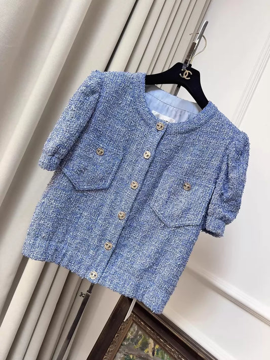 Chanel 24P Blue Tweed Short-Sleeved Jacket
