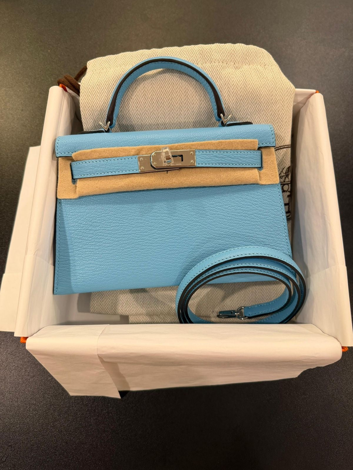 Hermes Mini Kelly 20 Celeste Chevre leather Palladium hardware