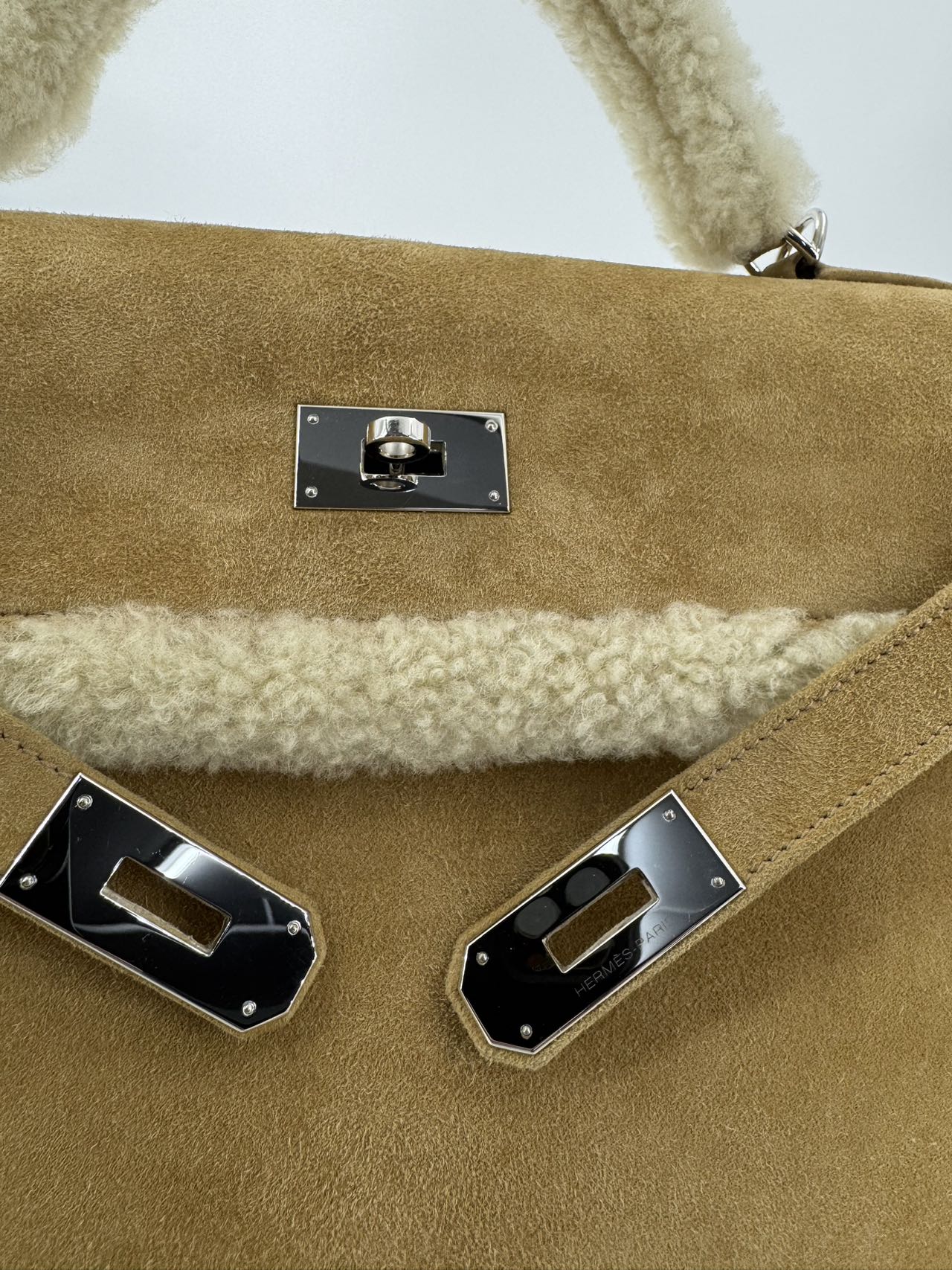 Hermes Kelly 40 Veau Doblis Suede Shearling Teddy Palladium Hardware