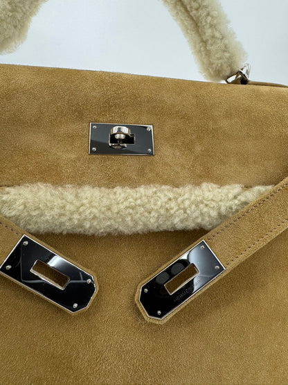 Hermes Kelly 40 Veau Doblis Suede Shearling Teddy Palladium Hardware