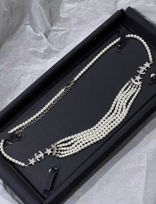 Chanel 20A multi-layered pearl star full diamond waist chain belt