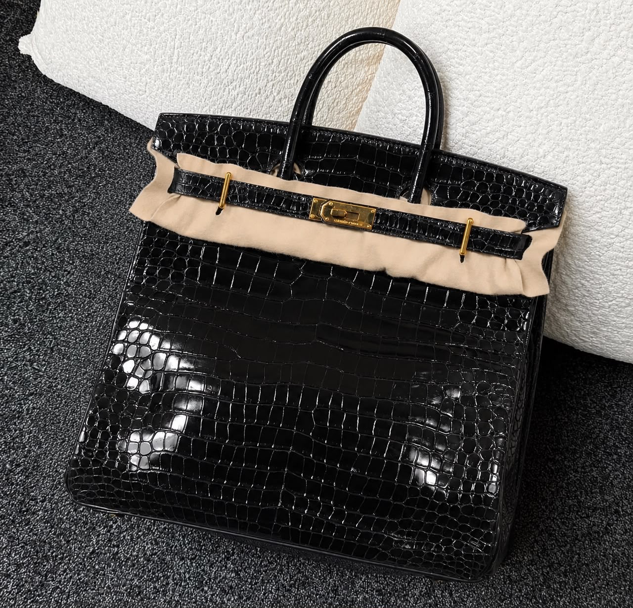 Hermes Birkin Hac 40 black shiny porosus crocodile leather gold hardware