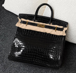 Hermes Birkin Hac 40 black shiny porosus crocodile leather gold hardware