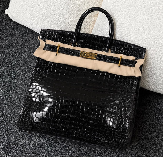 Hermes Birkin Hac 40 black shiny porosus crocodile leather gold hardware