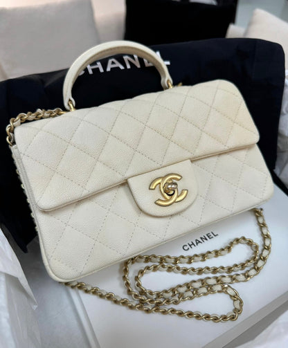 Chanel 21S White / Ivory Caviar Quilted Mini Top Handle Aged Gold Hardware