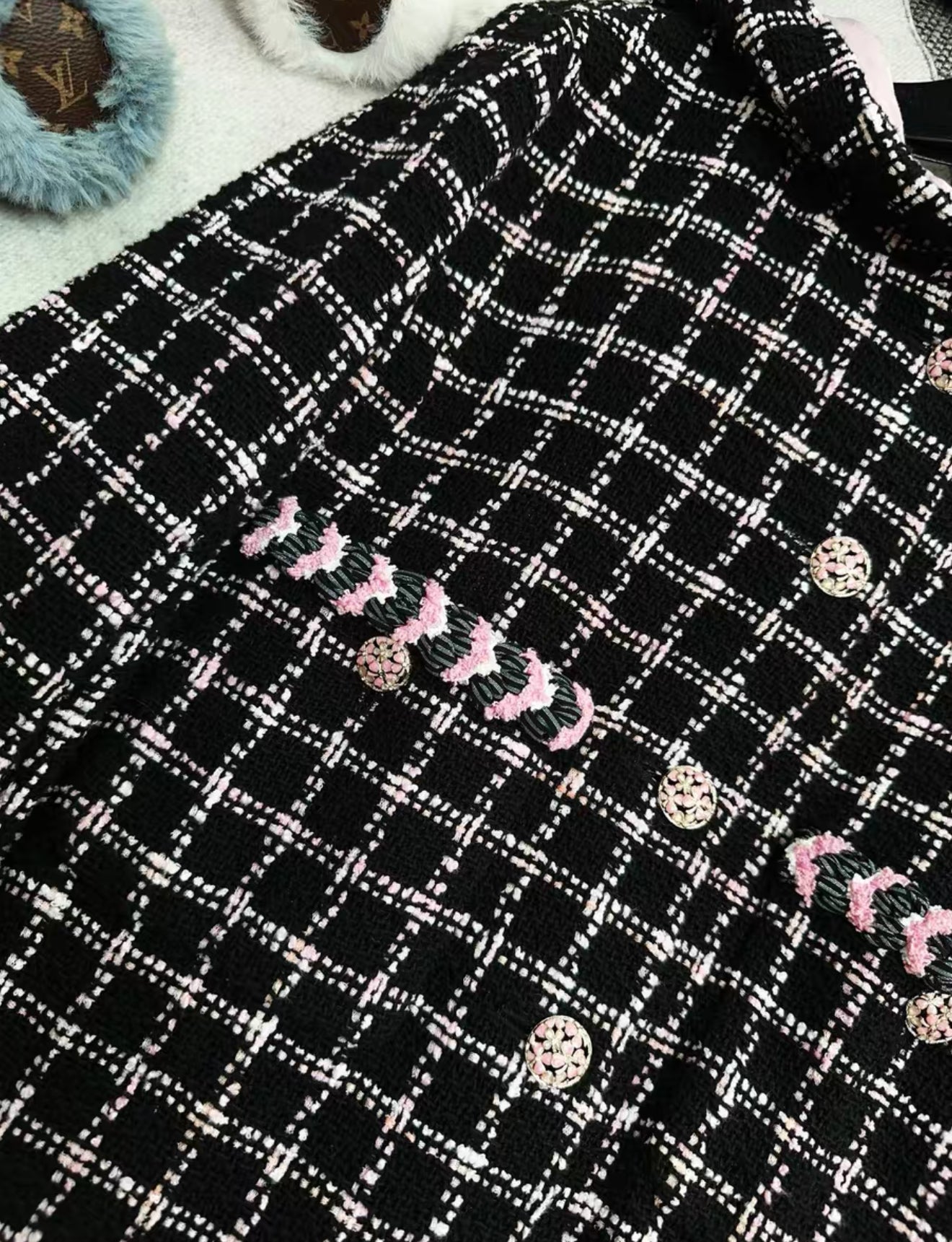 Chanel 24S black and pink tweed hooded long coat