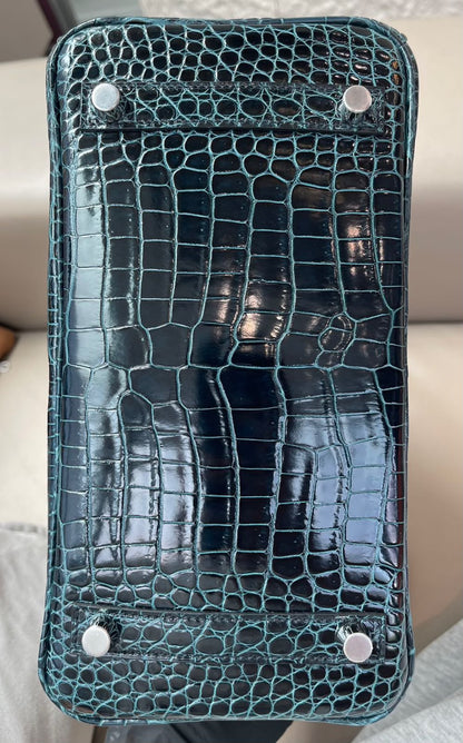 Hermes Birkin 25 Vert Rousseau Shiny porosus crocodile leather white gold diamond hardware