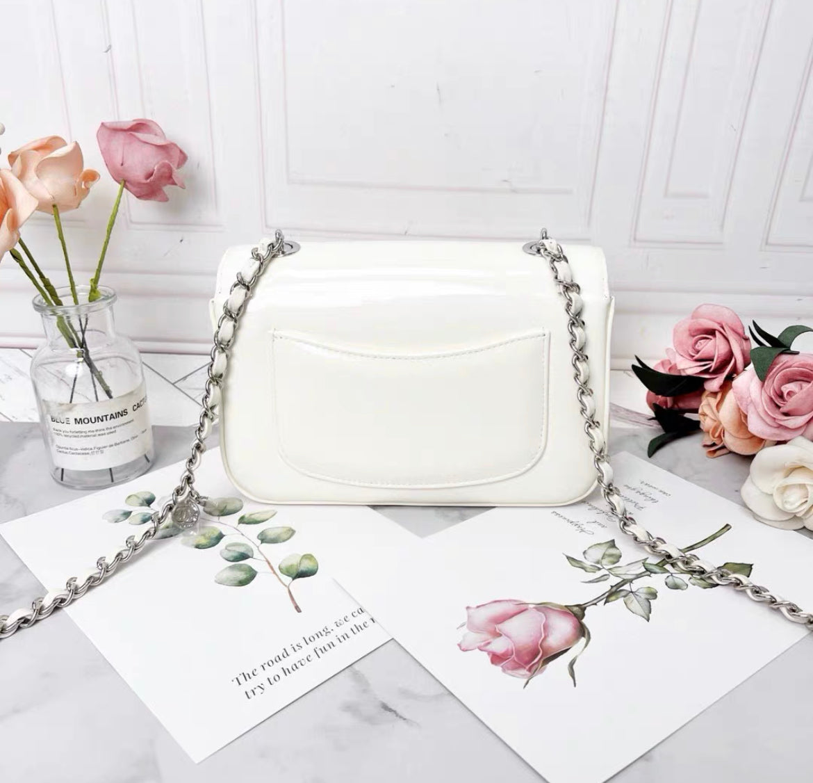 chanel 23k white patent leather camellia large mini shoulder bag