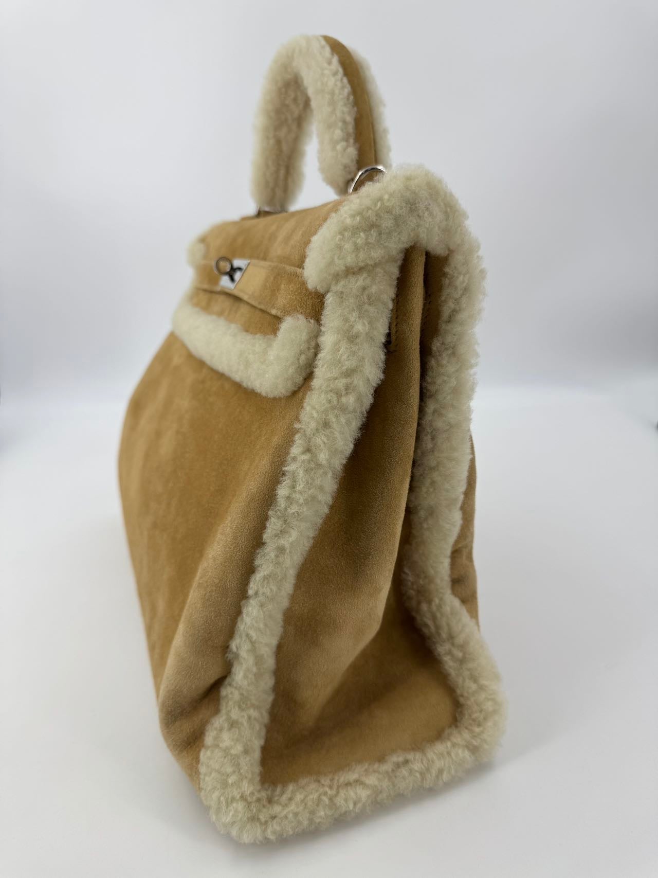 Hermes Kelly 40 Veau Doblis Suede Shearling Teddy Palladium Hardware