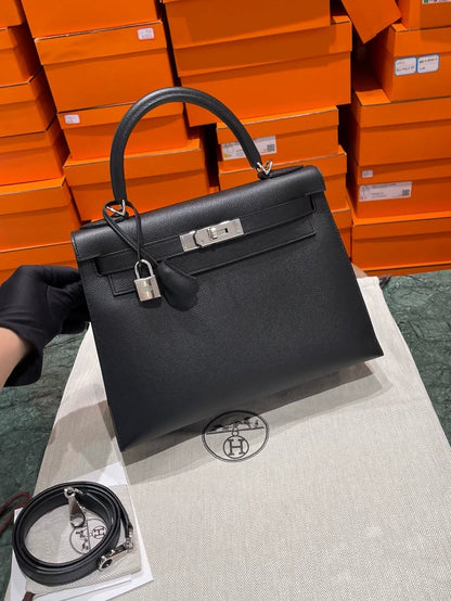 Hermes Kelly 28 black epsom leather palladium hardware