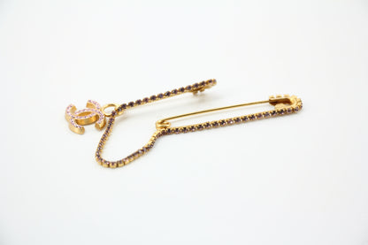 Chanel Vintage 02P Rhinestone Pink Gold-Plated Double Safety Pins Brooch